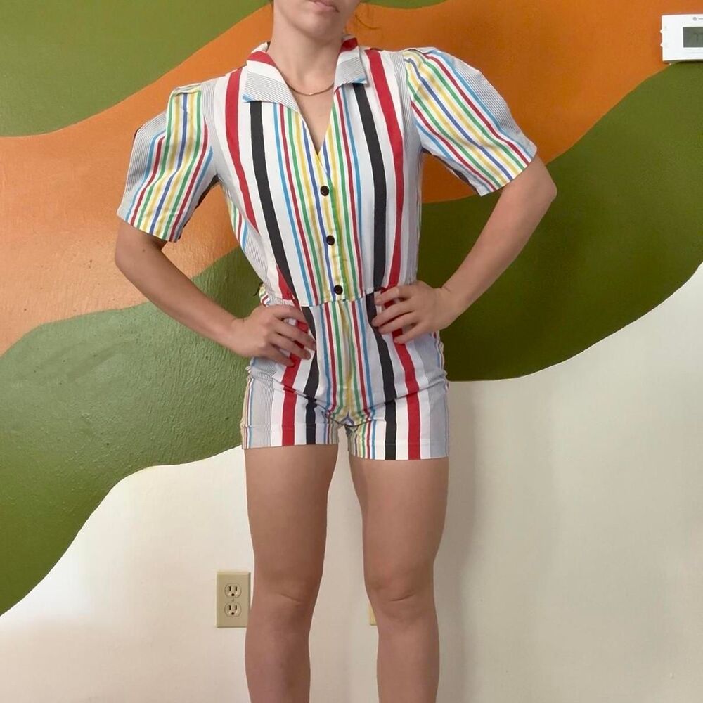 VTG 80s 90s Rainbow Striped Romper Puff Sleeve Playsuit One Piece Sz S Jumpsuit